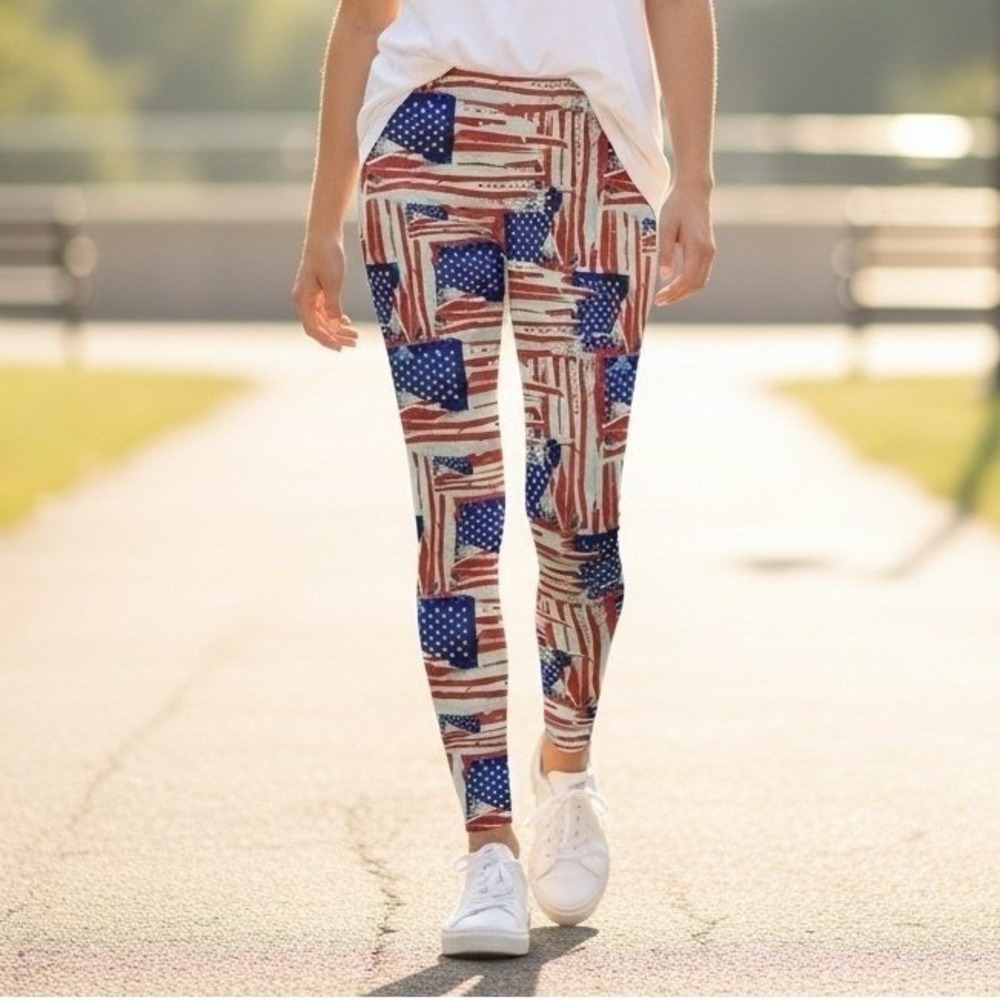 Two Left Feet Patriotic Leggings Womens S/M American Flag USA 4th of July Summer